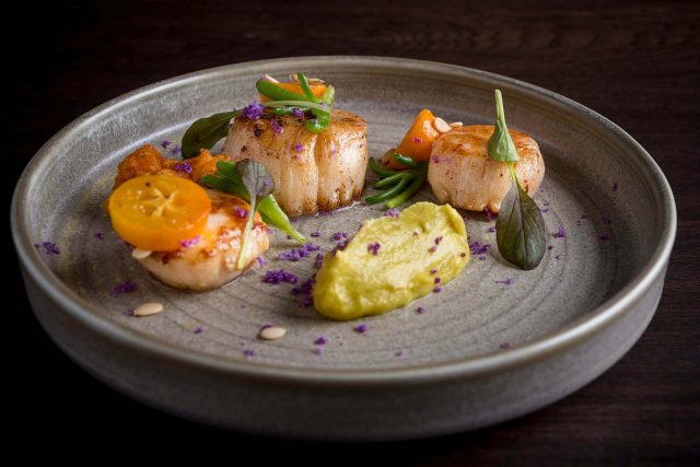 Exquisite pan-roasted Scottish scallops with cauliflower at Vaasu Restaurant, Marlow.